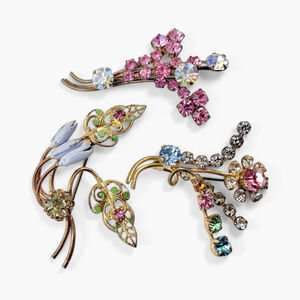 Vintage Rhinestone Brooch Lot of 3, 1950s Floral Spray Pins, Austrian Crystals